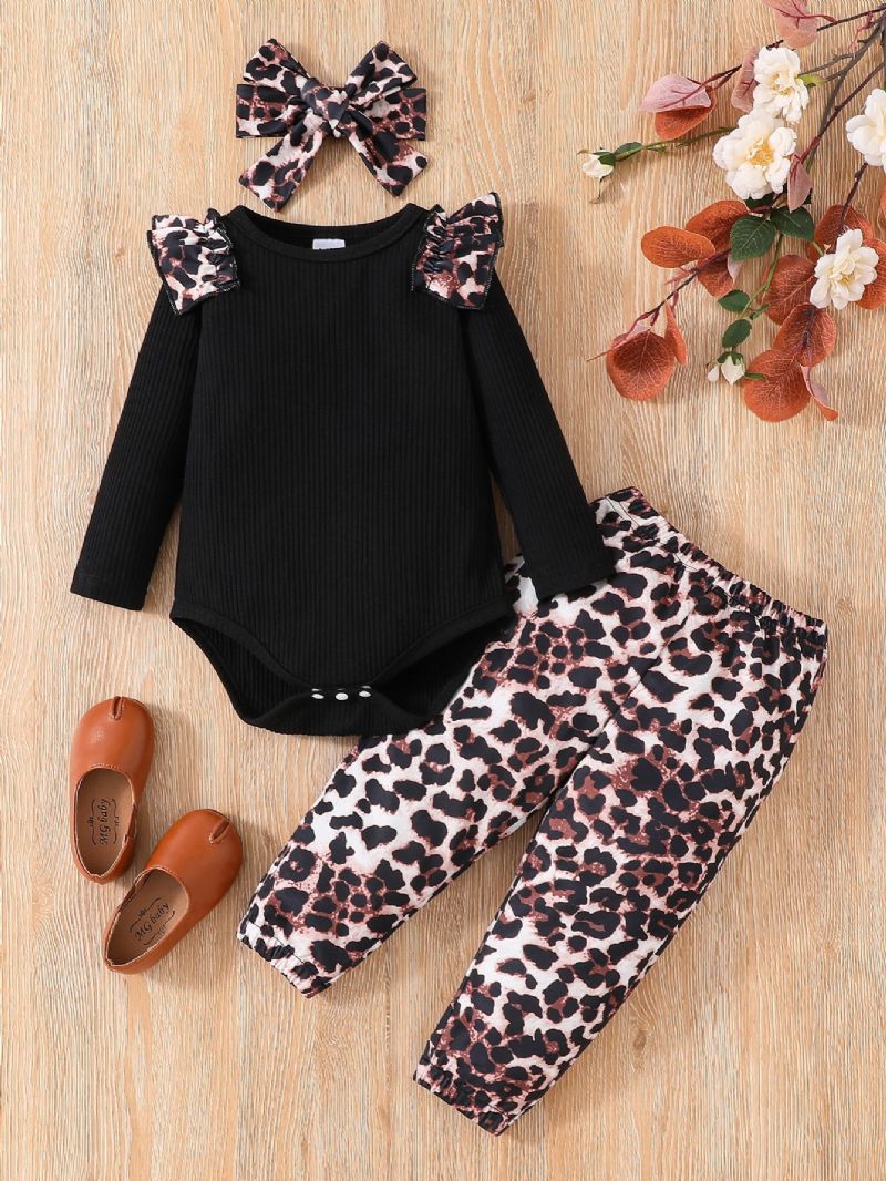 3 Stk Småbørnspiger Leopardprint Ærmer Rund Hals Bodysuit & Leopard Bukser Sæt