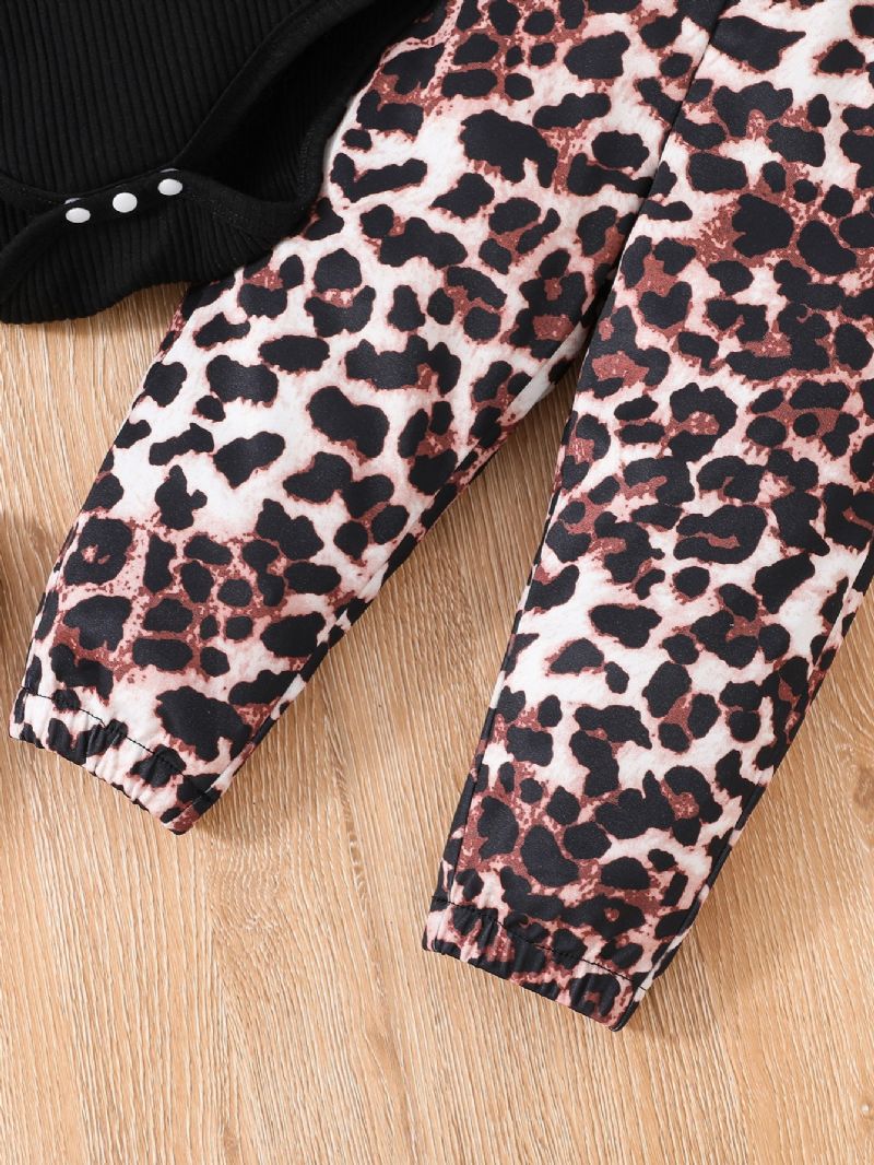 3 Stk Småbørnspiger Leopardprint Ærmer Rund Hals Bodysuit & Leopard Bukser Sæt