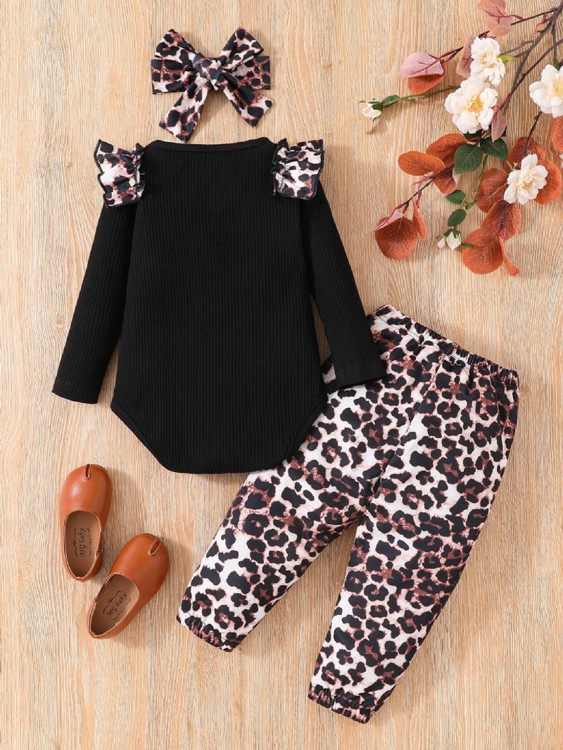 3 Stk Småbørnspiger Leopardprint Ærmer Rund Hals Bodysuit & Leopard Bukser Sæt