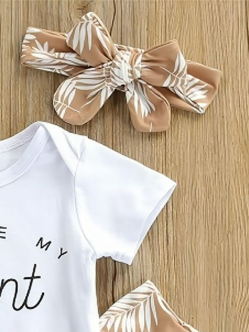 3stk Baby Letter Print Romper & Botanical Bukser Sæt Med Pandebånd