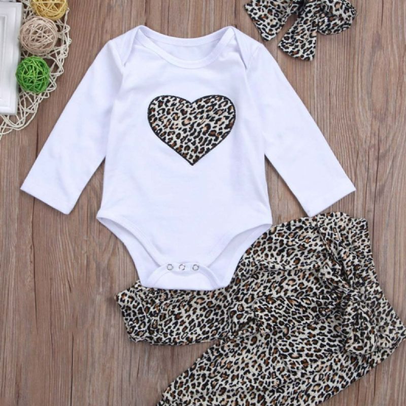 3stk Pige Leopard Print Hjerte Romper & Bukser Med Pandebånd