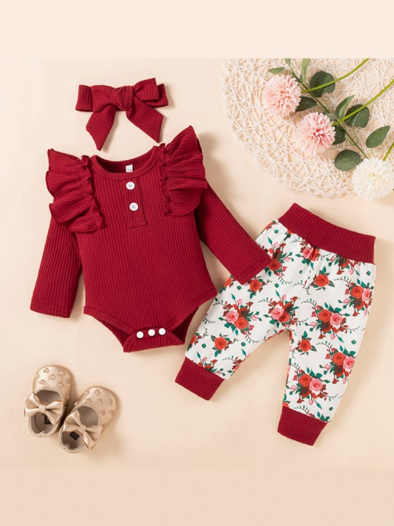 Baby Bodysuit & Bukser Med Blomsterprint & Pandebånd Sæt Newborn Sæt