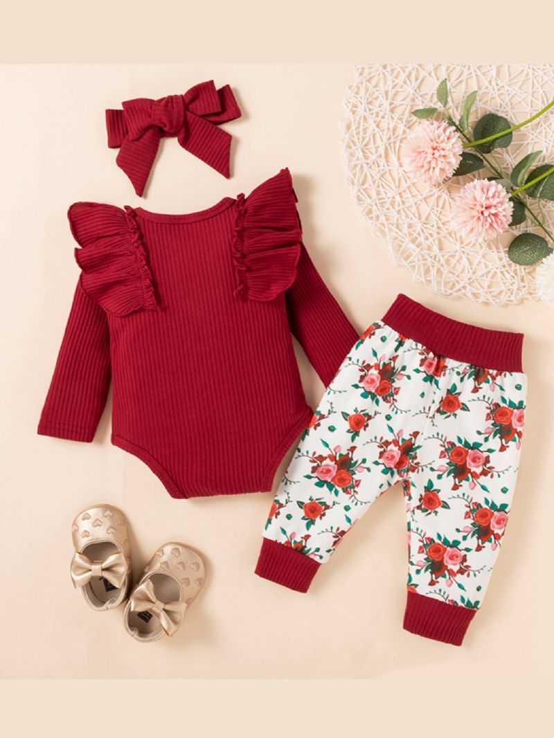 Baby Bodysuit & Bukser Med Blomsterprint & Pandebånd Sæt Newborn Sæt