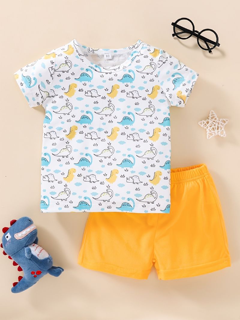 Baby Drenge Piger Sød Tegneserie Mini Dinosaur Print T-shirt & Solide Shorts Sæt