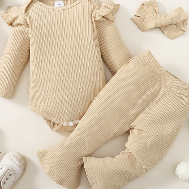 Baby Flæse Langærmet Romper Bodysuit + Flares Bukser Outfit Nyfødt Spædbarn Babytøj Sæt Layette Sæt