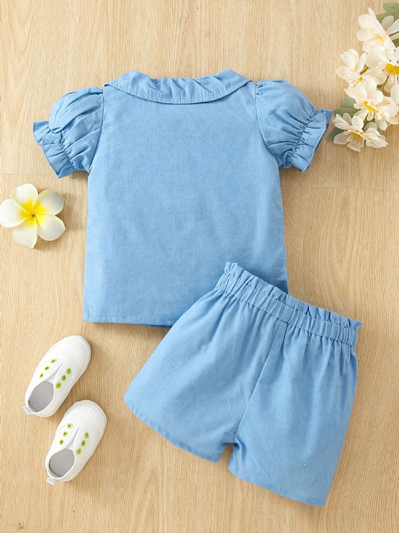 Baby Piger Casual Flæsede Pufærmer Top & Elastiske Talje Shorts Sæt