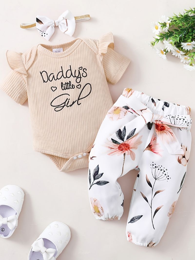 Baby Piger Flæse Korte Ærmer Bukser + Blomstermønster Buksesæt Bodysuit Onesie Babytøj