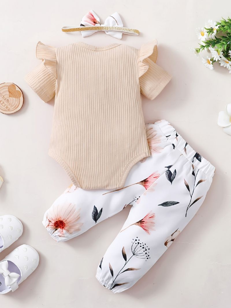 Baby Piger Flæse Korte Ærmer Bukser + Blomstermønster Buksesæt Bodysuit Onesie Babytøj