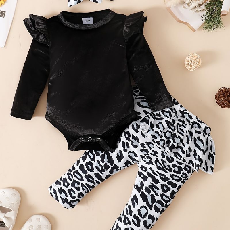 Baby Piger Fleece Onesie Romper Leopard Print Bukser Sæt Til Efterår / Vinter