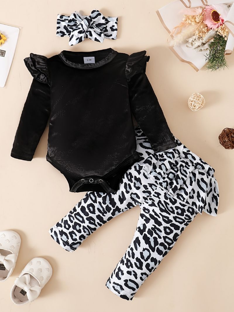 Baby Piger Fleece Onesie Romper Leopard Print Bukser Sæt Til Efterår / Vinter