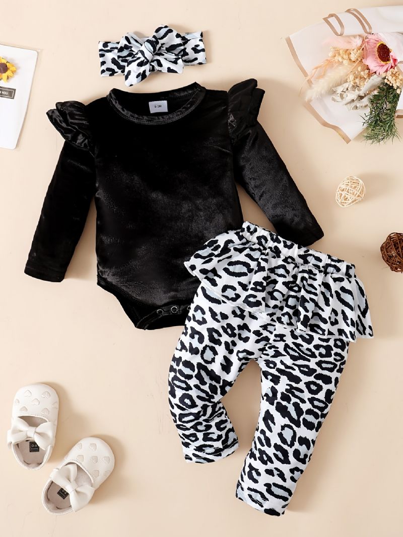 Baby Piger Fleece Onesie Romper Leopard Print Bukser Sæt Til Efterår / Vinter