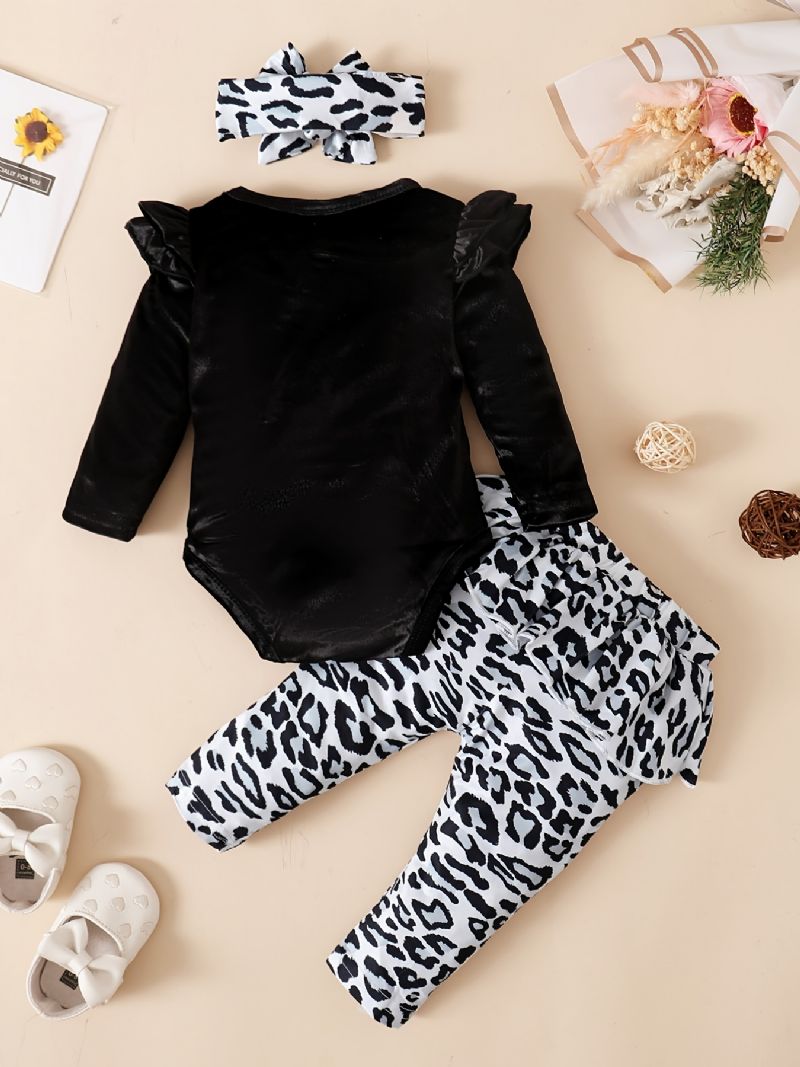 Baby Piger Fleece Onesie Romper Leopard Print Bukser Sæt Til Efterår / Vinter