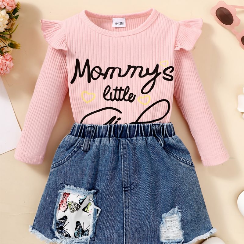 Baby Piger Langærmet Romper Bodysuit + Denim Sæt Sæt Nyfødt Spædbørn Tøj Outfit Layette Sæt