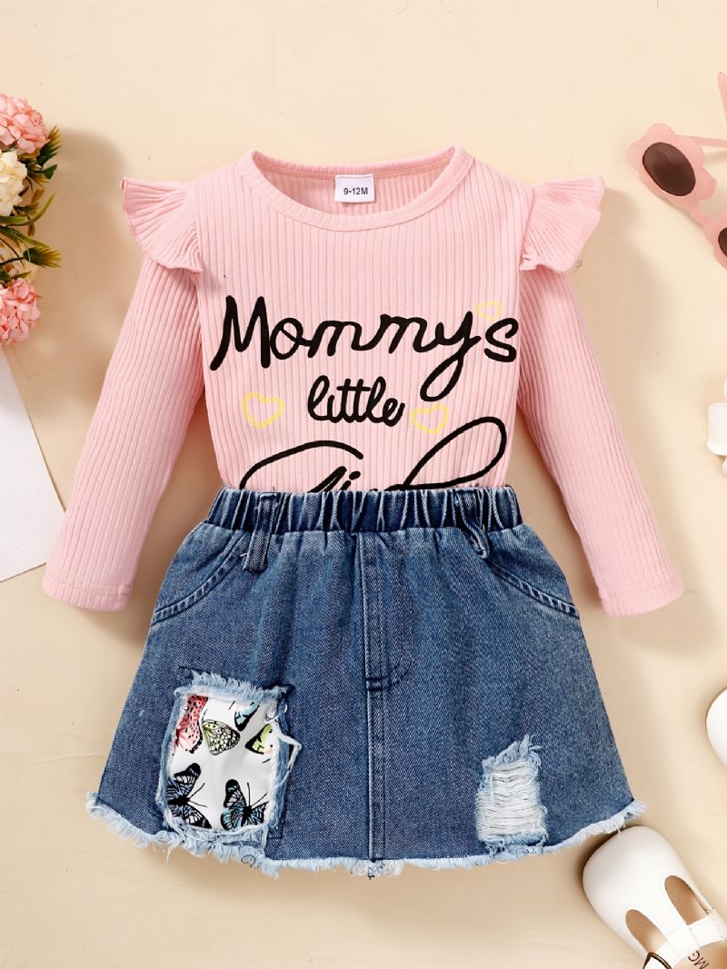 Baby Piger Langærmet Romper Bodysuit + Denim Sæt Sæt Nyfødt Spædbørn Tøj Outfit Layette Sæt