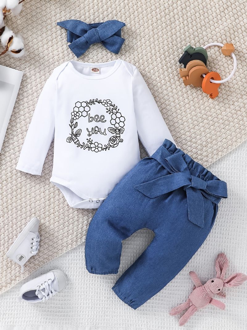 Baby Piger Romper Brevtryk Langærmet Bodysuit & Bukser & Pandebånd Sæt 3 Stk