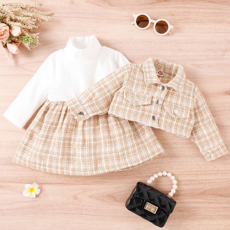 Baby Piger Rullekrave Plaid Patchwork Kjole + Jakkesæt Til Vinter Babytøj Outfits