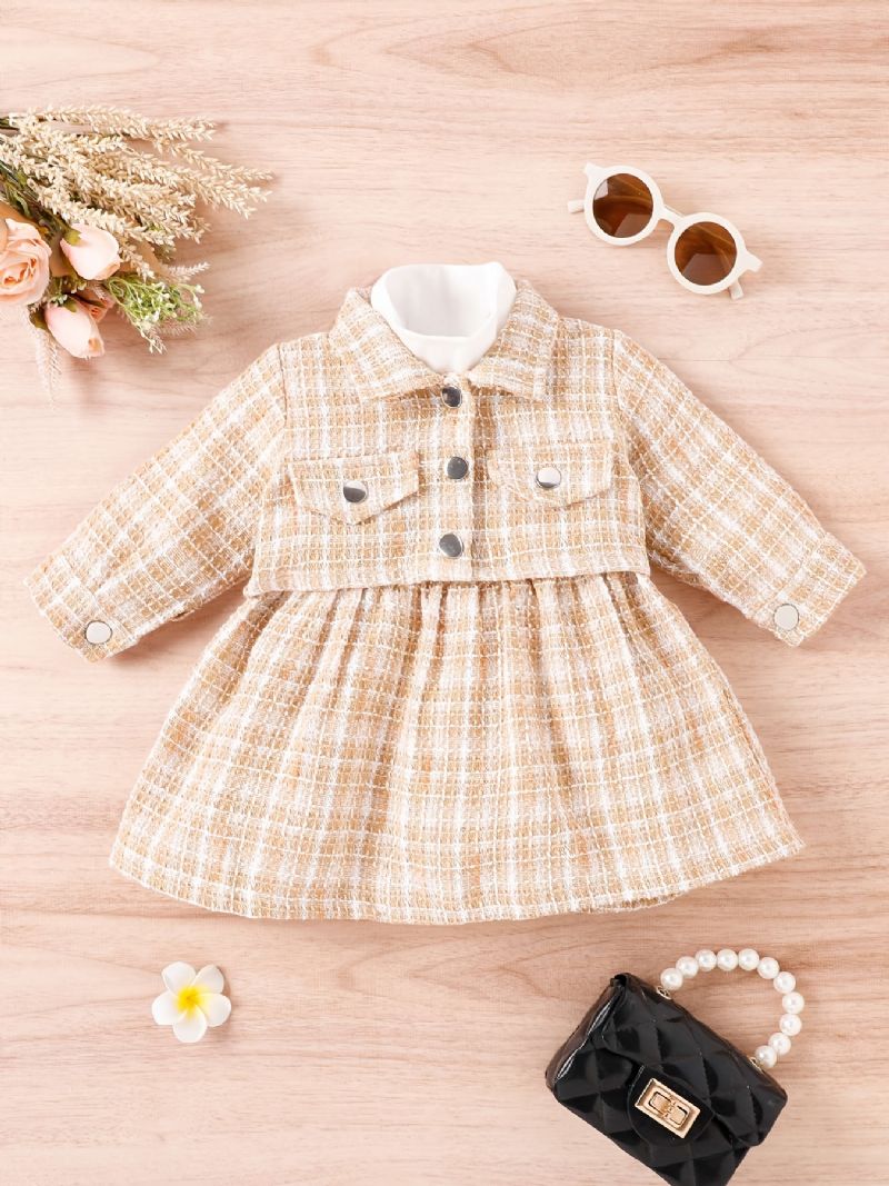 Baby Piger Rullekrave Plaid Patchwork Kjole + Jakkesæt Til Vinter Babytøj Outfits