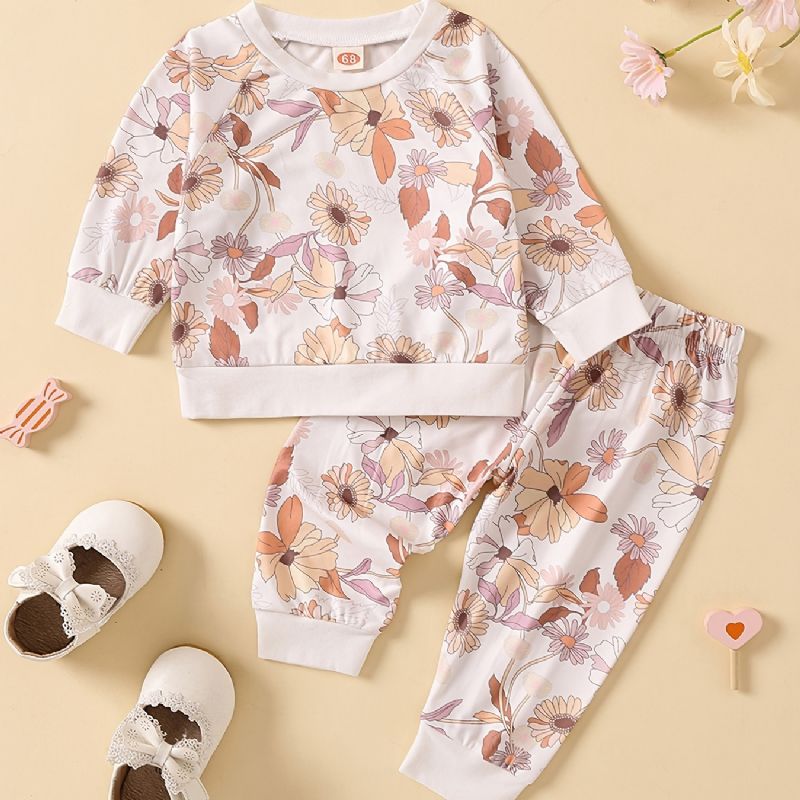 Baby Piger Søde Blomsterprint Langærmet Sweatshirt Top Elastiske Talje Bukser Sæt Tøj