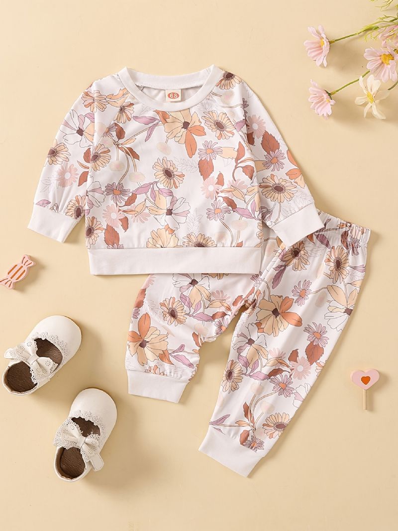 Baby Piger Søde Blomsterprint Langærmet Sweatshirt Top Elastiske Talje Bukser Sæt Tøj