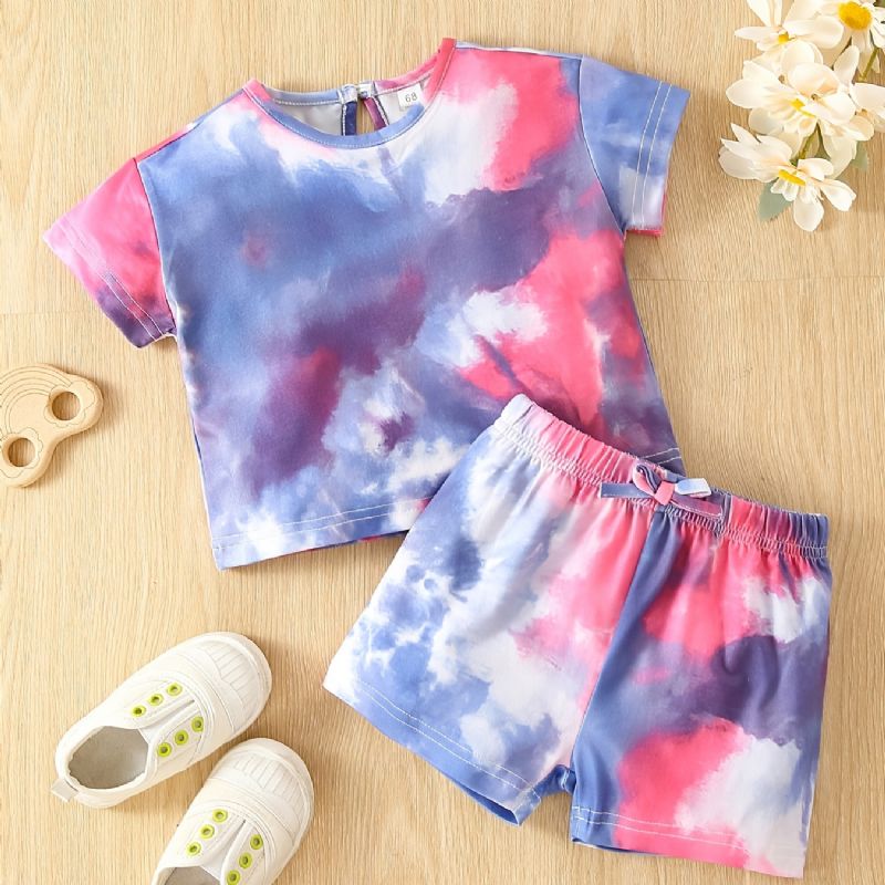 Baby Piger Tie Dye Print T-shirt & Sløjfe Strækbare Talje Shorts Sæt