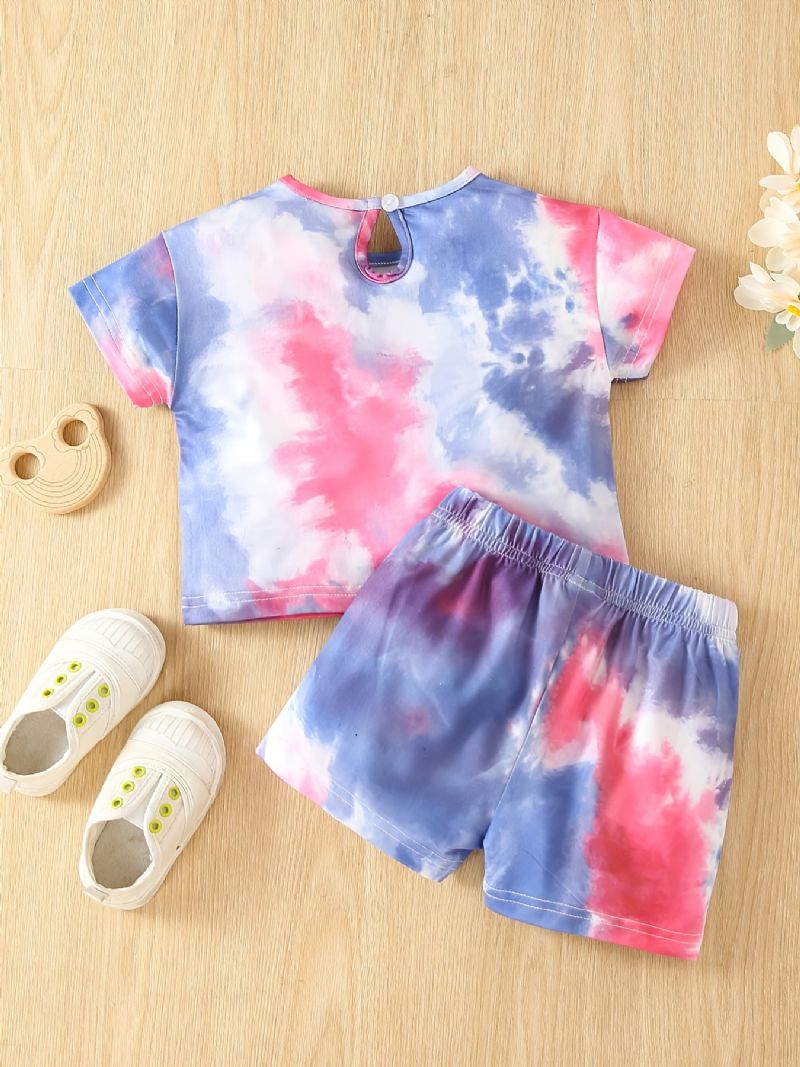 Baby Piger Tie Dye Print T-shirt & Sløjfe Strækbare Talje Shorts Sæt