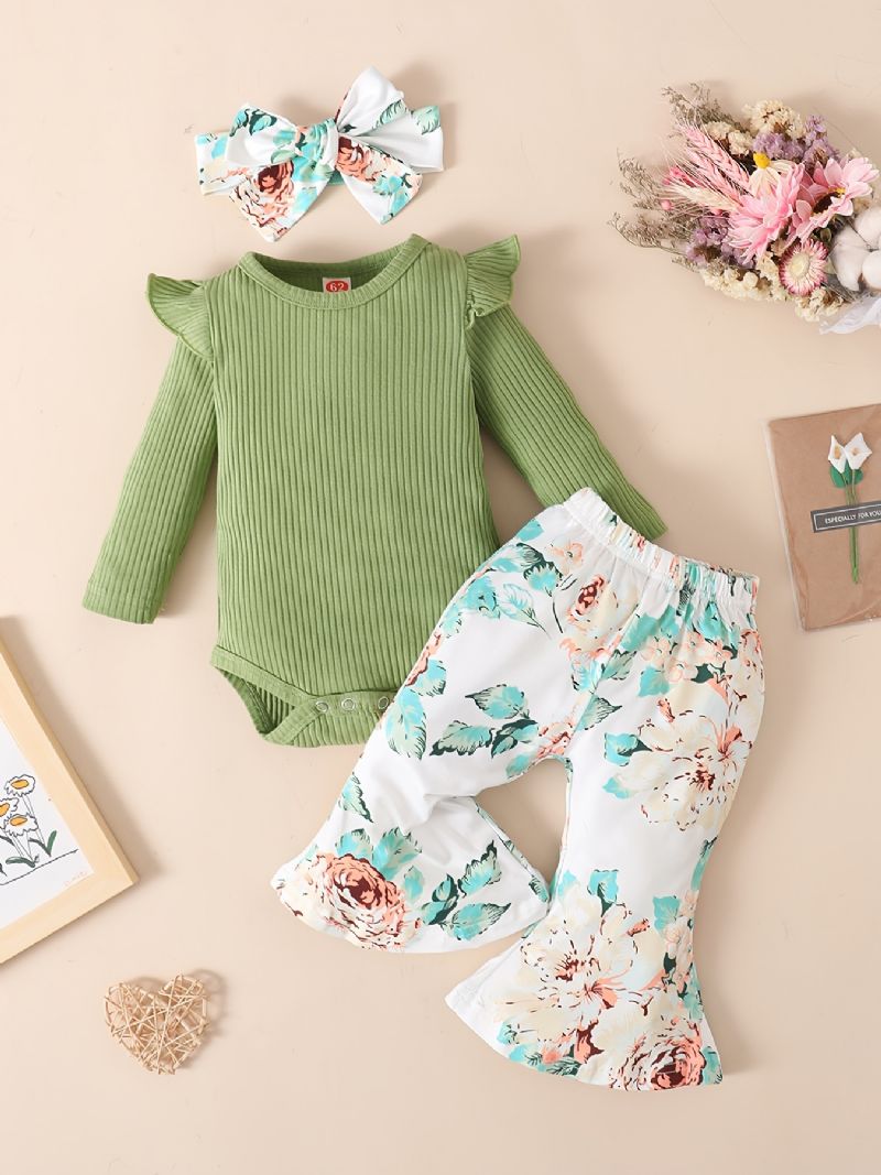 Babypige Flæse Langærmet Bodysuit Onesie & Flare Bukser Sæt