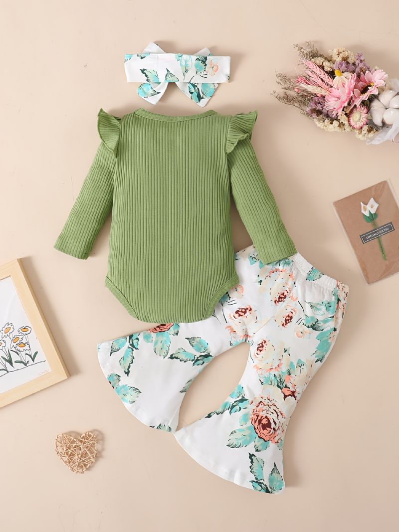 Babypige Flæse Langærmet Bodysuit Onesie & Flare Bukser Sæt