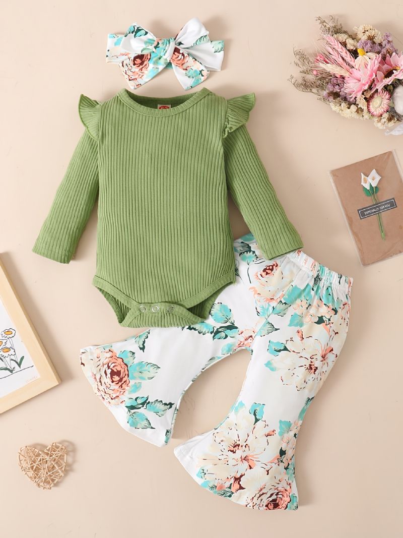 Babypige Flæse Langærmet Bodysuit Onesie & Flare Bukser Sæt