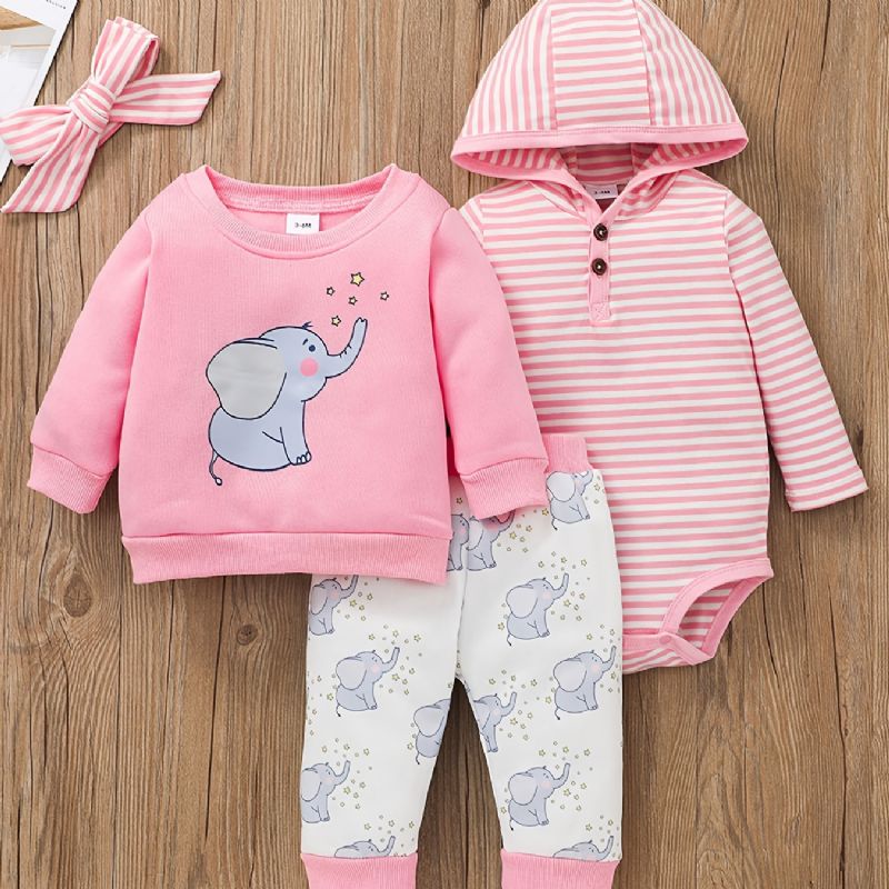 Babypige Hætte-bodysuit & Elefantprint Bukser & Sweatshirtsæt Til Efterår Og Vinter Nyhed