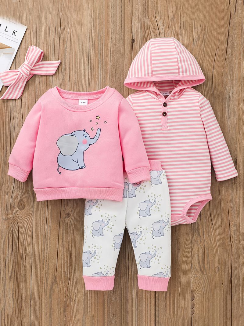 Babypige Hætte-bodysuit & Elefantprint Bukser & Sweatshirtsæt Til Efterår Og Vinter Nyhed