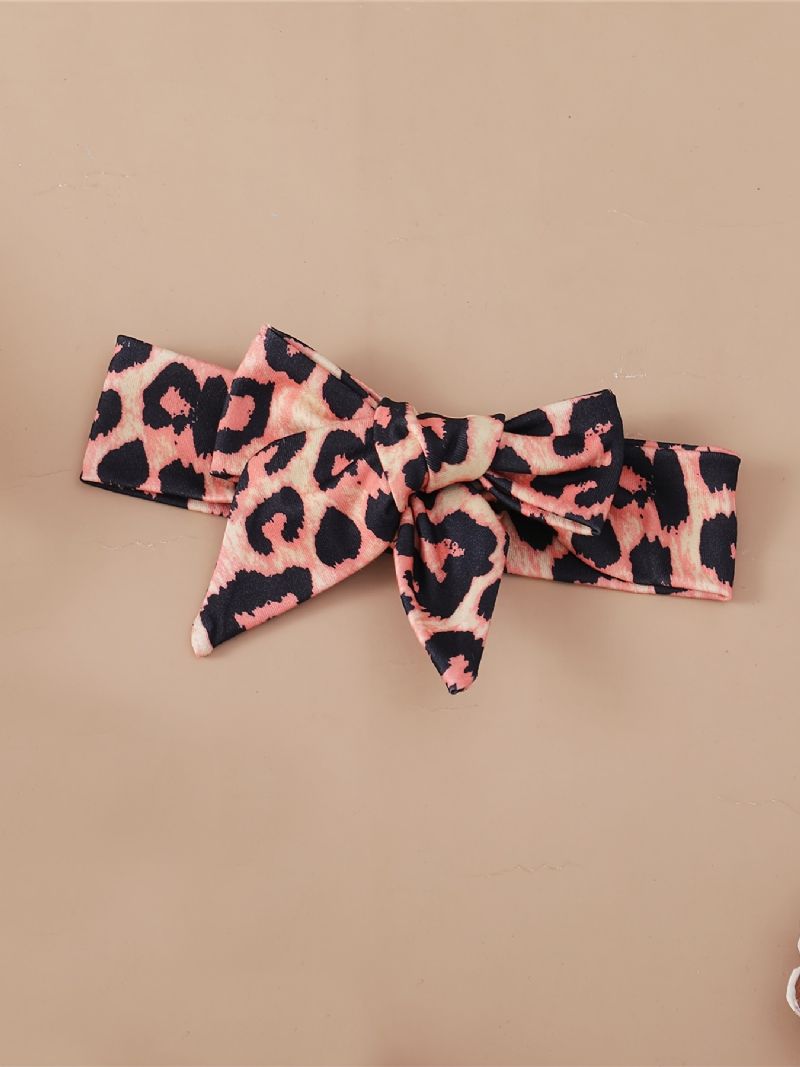 Babypige Leopard Patchwork Brevtryk Hættebukser Sæt Med Bowknot Pandebånd