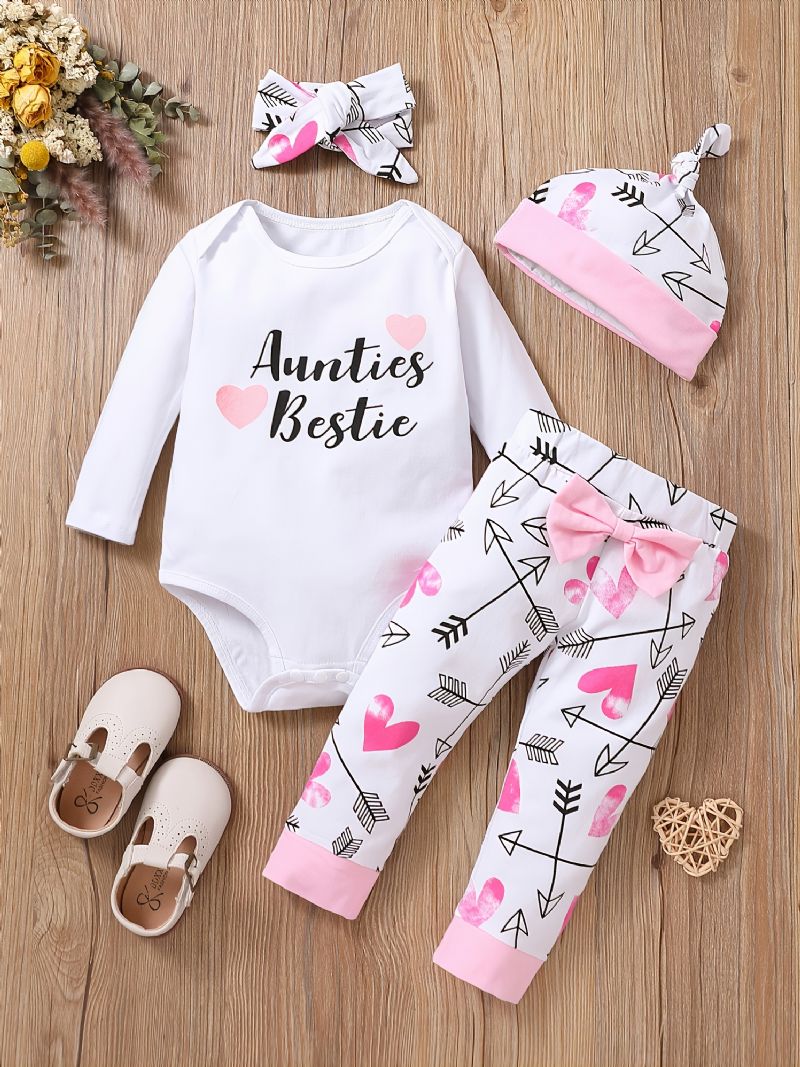 Babypige Valentinsdag Langærmet Bodysuit & Hjerteprint Bukser & Hatte & Pandebånd