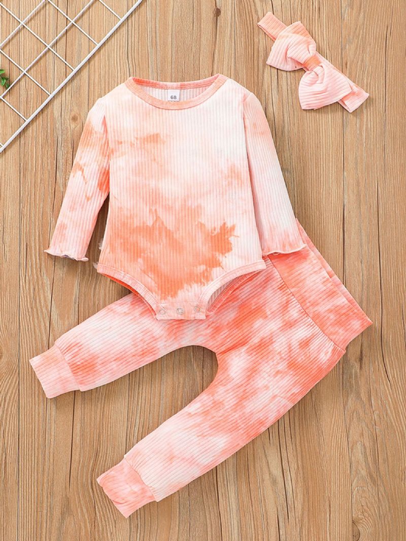 Babypiger Bodysuit I Blandet Farve & Matchende Bukser & Sløjfe Pandebånd Sæt Newborn Baby Sæt