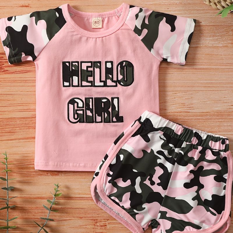 Babypiger Camouflage Kortærmet Top + Matchende Shorts Sæt Babytøj Tøj