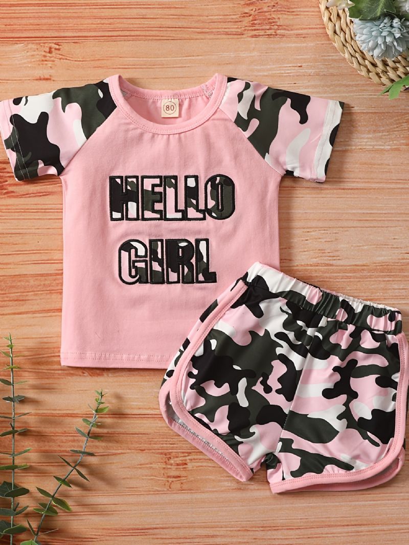 Babypiger Camouflage Kortærmet Top + Matchende Shorts Sæt Babytøj Tøj