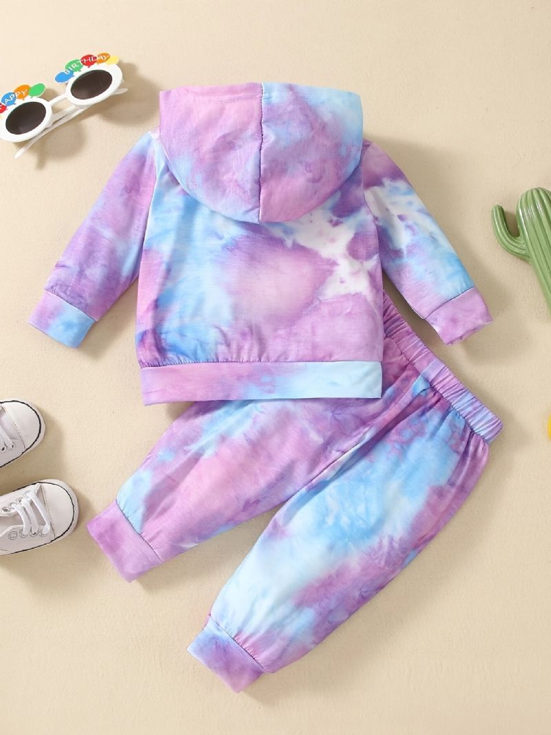 Babypiger Casual Active Tie Dye Sæt Med Bogstavtryk Hættetrøje Og Joggingbukser Til Udendørs