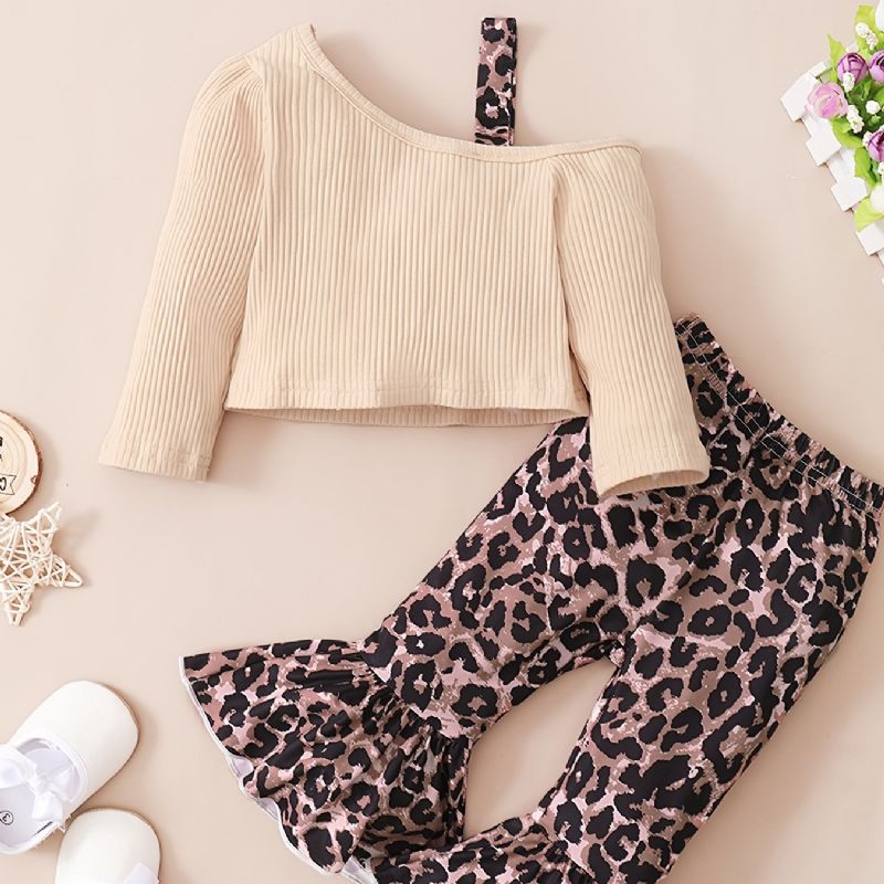 Babypiger Casual Ribbet Halv Suspender Top & Flared Bukser Med Leopard Print Sæt