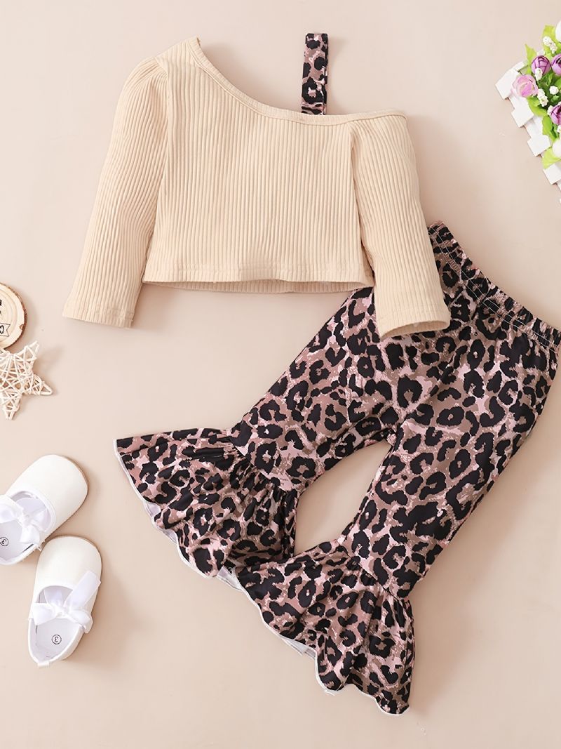 Babypiger Casual Ribbet Halv Suspender Top & Flared Bukser Med Leopard Print Sæt