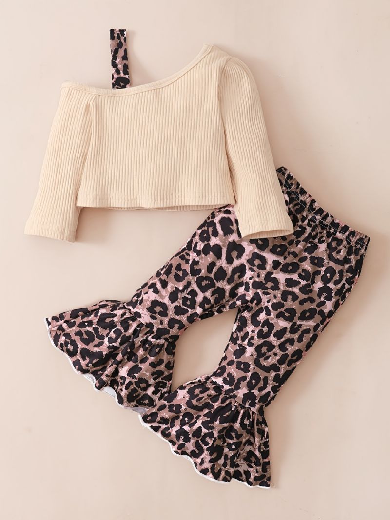 Babypiger Casual Ribbet Halv Suspender Top & Flared Bukser Med Leopard Print Sæt