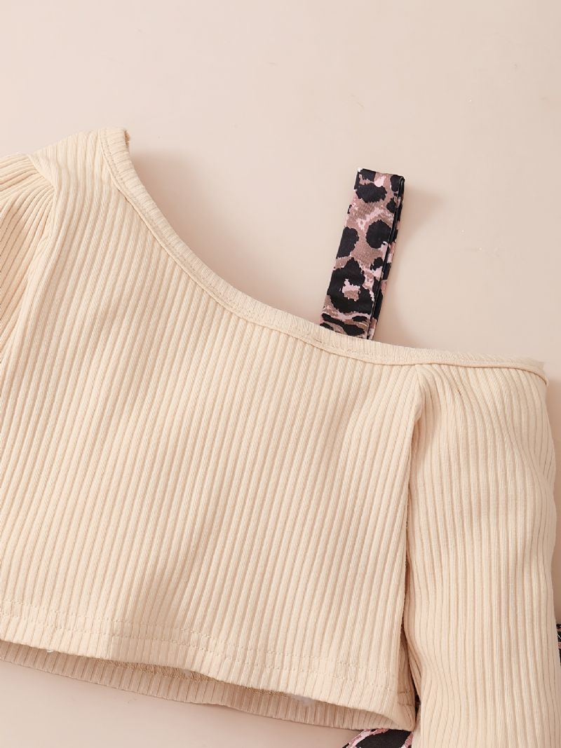 Babypiger Casual Ribbet Halv Suspender Top & Flared Bukser Med Leopard Print Sæt