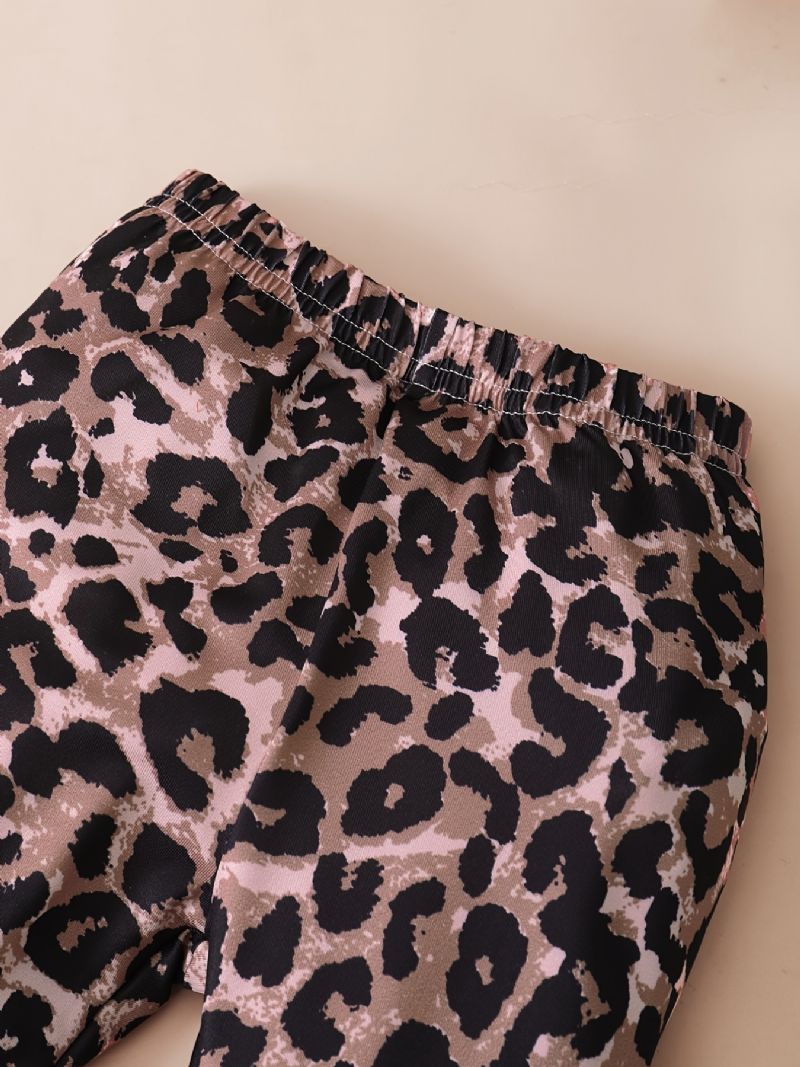 Babypiger Casual Ribbet Halv Suspender Top & Flared Bukser Med Leopard Print Sæt