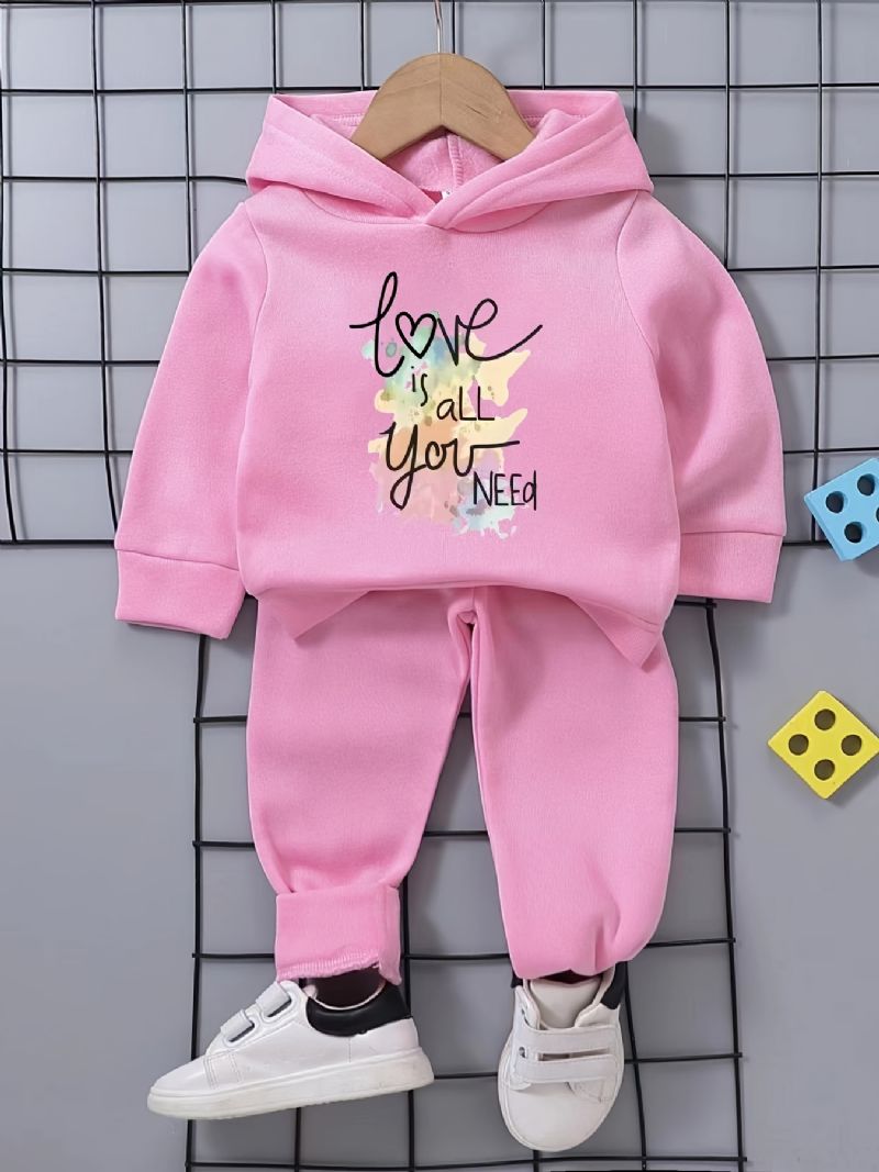 Babypiger Farverige Bogstaver Love Fleece Langærmet Hættetrøje Sweatshirt Bukser Sæt