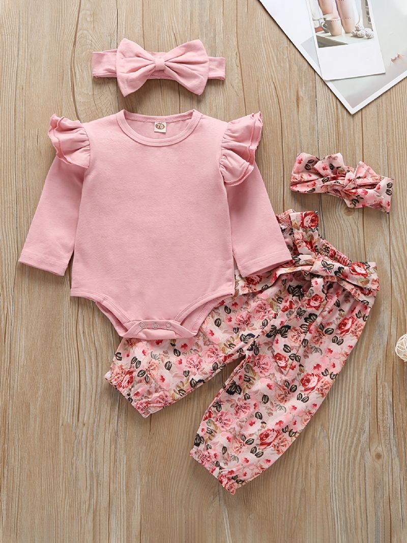 Babypiger Flæse Langærmet Romper Bodysuit + Matchende Bukser + Pandebånd Sæt Nyfødt Spædbørn Babytøj Baby Layette Sæt