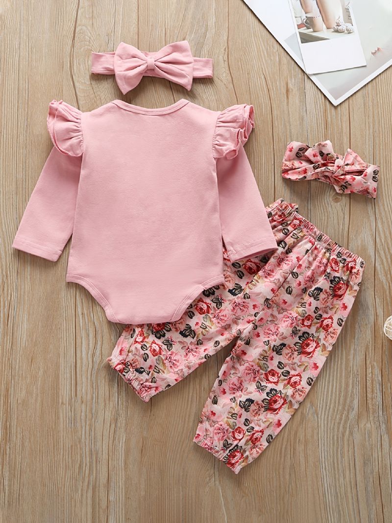 Babypiger Flæse Langærmet Romper Bodysuit + Matchende Bukser + Pandebånd Sæt Nyfødt Spædbørn Babytøj Baby Layette Sæt