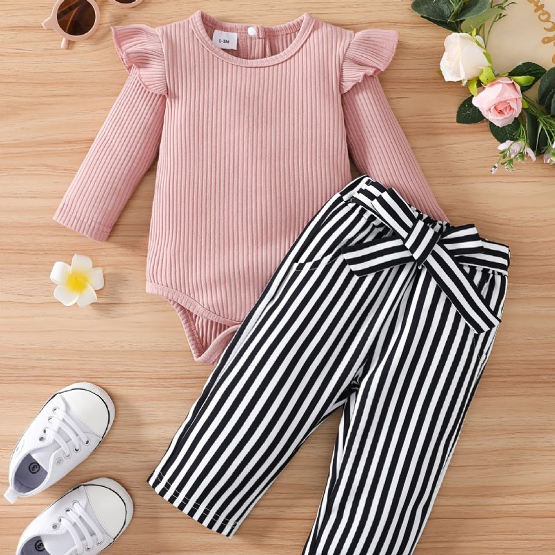 Babypiger Flæse Langærmet Romper Bodysuit + Stripe Bukser Sæt Babytøj Outfit Baby Layette Sæt