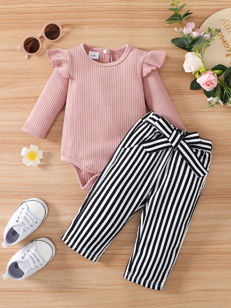 Babypiger Flæse Langærmet Romper Bodysuit + Stripe Bukser Sæt Babytøj Outfit Baby Layette Sæt