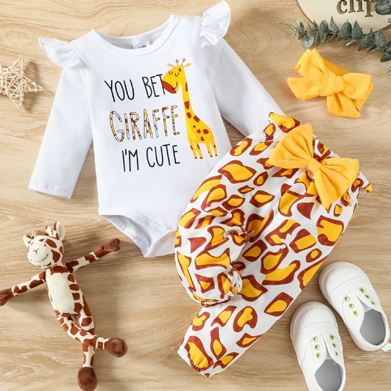 Babypiger Giraffetryk Rulleærmer Med Flæser + Buksesæt Bodysuit Onesie Babytøj