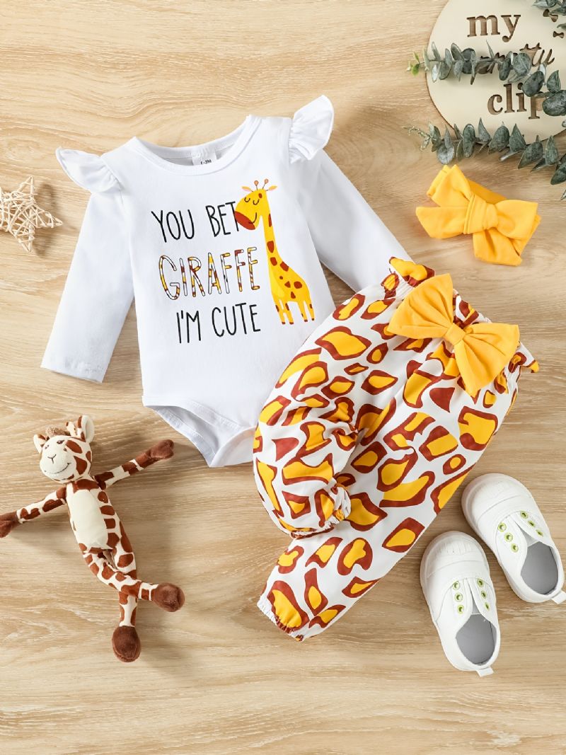 Babypiger Giraffetryk Rulleærmer Med Flæser + Buksesæt Bodysuit Onesie Babytøj