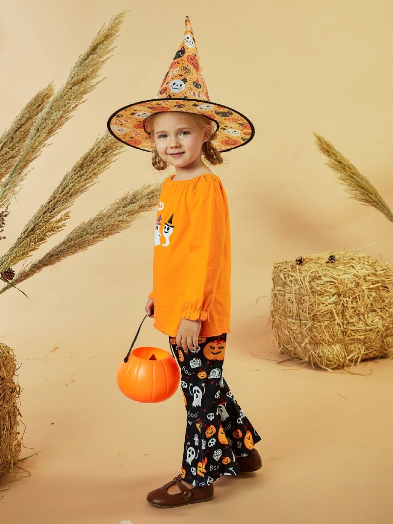 Babypiger Halloween Bukser Sæt Langærmet Spøgelsesprint Toppe Med Flad Casual Outfit