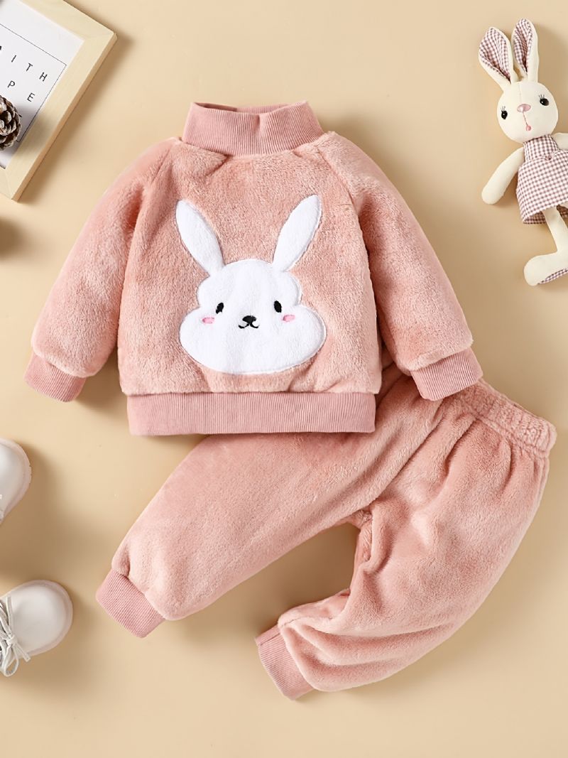 Babypiger Kaninmønster Rullekrave Fleece Sweatshirt + Matchende Joggingbukser Sæt Til Vinter Babytøj